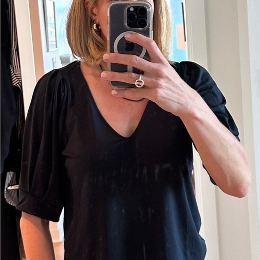 Banana Republic 3/4 length, puff sleeve, V-neck blouse- navy, medium
